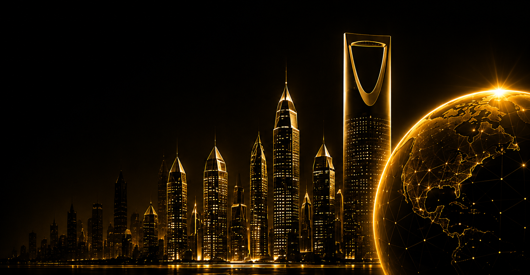 Golden cybercity beneath a networked globe